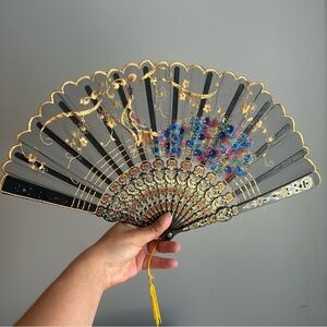 Black Lace Handheld Asian Style Folding Fan with Embroidered Peacock Detail